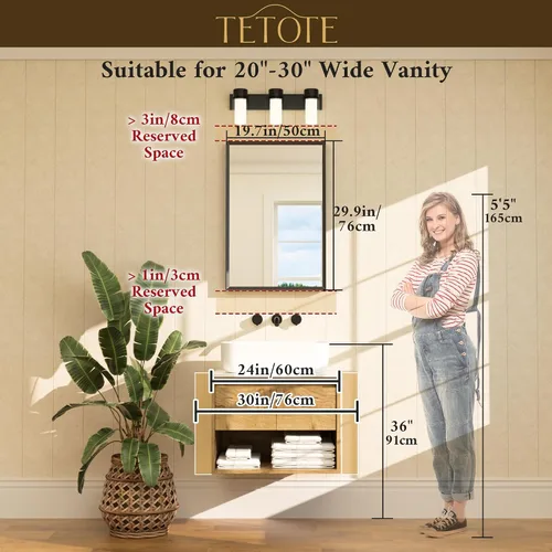 Vista 5 de TETOTE Espejo de baño dorado cepillado de 20" x 30", espejo de tocador de baño rectangular de latón dorado cepillado con marco biselado para sobre