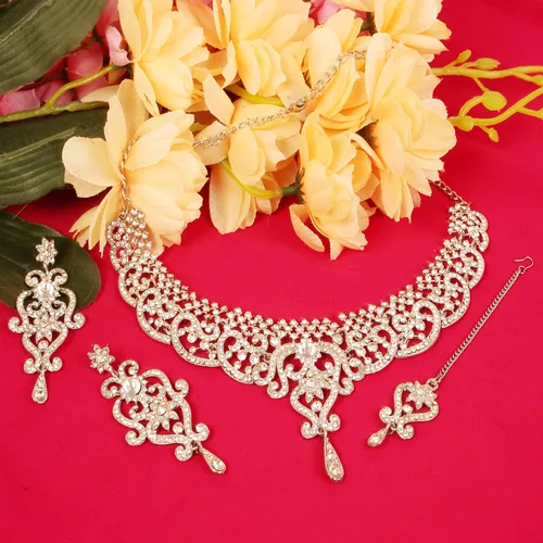 Vista 217 de Conjunto precioso de collar con look real Indian Bollywood, maravillosamente decorado, conjunto de collar adornado para mujer.