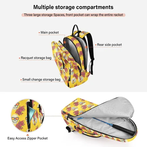 Vista 5 de Sporting Goods - Bolsa de tenis de gran almacenamiento, estilo mexicano, Cinco de Mayo, gafas de sol de calavera, 3 raquetas de bádminton