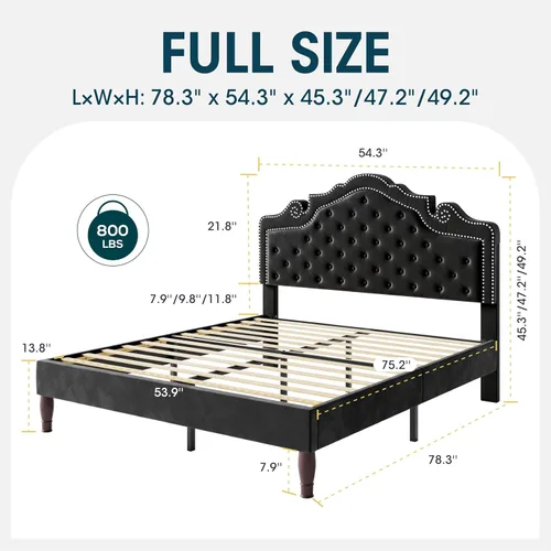 Vista 2 de WEEWAY Base de cama de plataforma de tamaño matrimonial con tiara ajustable de terciopelo, cabecero curvado y alta resistencia, botón tapizado
