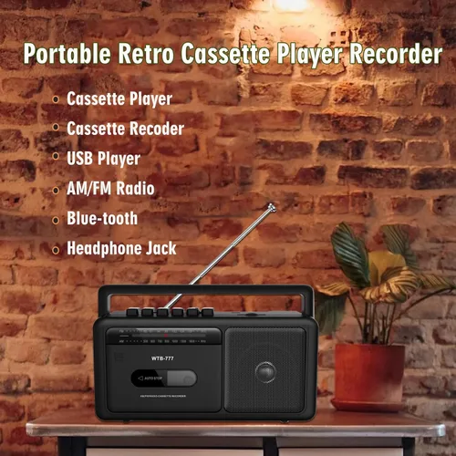 Vista 2 de WTB-777 Reproductor de casete portátil Boombox, radio AM/FM estéreo con Bluetooth, USB, grabador, conector para auriculares, alimentación CC/CA