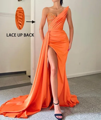 Vista 2 de Vestidos de fiesta de sirena sin tirantes 2023, vestidos de noche formales con cuentas y cuello en V, vestidos de fiesta para mujer