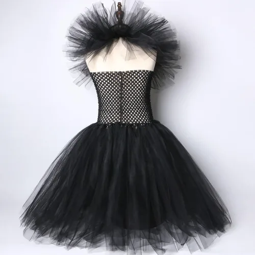 Vista 3 de Hqroidd Disfraz de bruja para niñas, conjunto de 3 piezas de alas de cuerno, vestido de tutú de reina malvada, disfraz de vampiro para Halloween