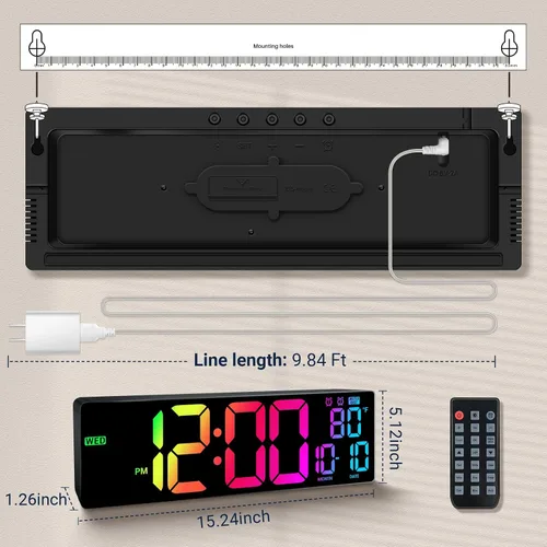 Vista 3 de Reloj de Pared Digital Grande de 16.5": 11 Colores RGB Reloj de Decoración de Montaje en Pared para Sala de Estar, Dormitorio, Oficina, Aula