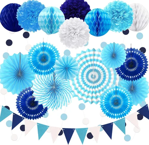 Vista 16 de Juego de 24 piezas de decoración de fiesta de cumpleaños azul marino dorado para baby shower with Hanging Paper Fans Pom Poms Flowers Garland