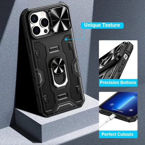 Vista 6 de VEGO Funda para iPhone 13 Pro Max/iPhone 12 Pro Max con soporte, cubierta deslizante para cámara y funda con clip para cinturón, funda protectora