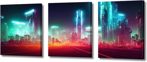 Vista 12 de Cuadros de 3 paneles de Cyberpunk City - Arte de pared de vallas publicitarias de edificios modernos en la capital con obras de arte modernas
