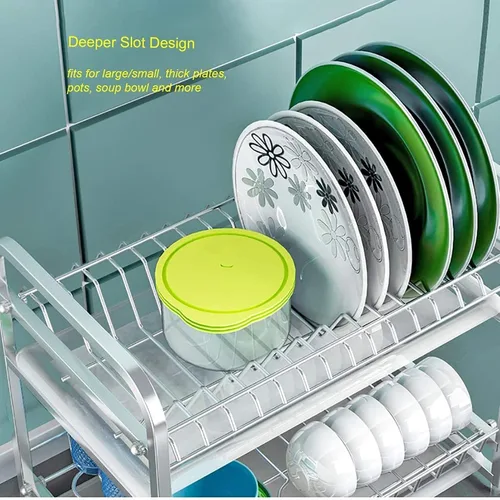 Vista 5 de YUEGOO Escurridor de platos de acero 304 con soporte y organizador de utensilios, 3 capas, estante para secadora de platos, gran capacidad, ahorro