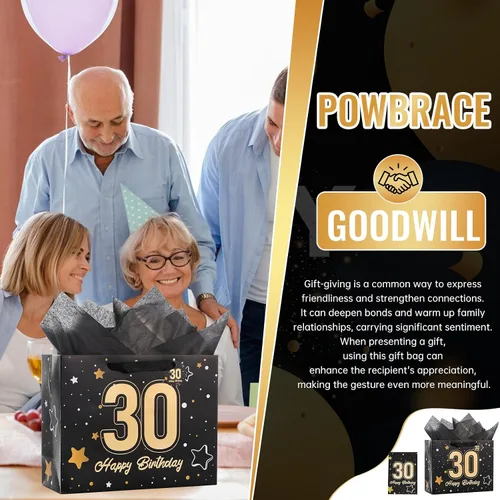 Vista 6 de Powbrace Bolsa de regalo de cumpleaños número 30 negra de 13 pulgadas con papel de seda y tarjeta de felicitación para fiestas, bolsa de regalo