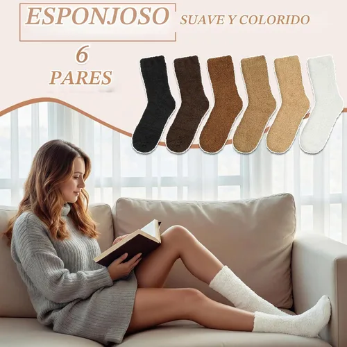 Vista 7 de YSense Calcetines mullidos y mullidos para mujer, 6 pares, calcetines de Negro Marrón Blanco Caqui