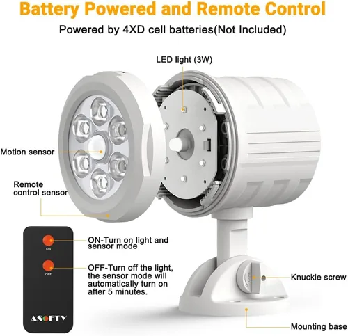 Vista 5 de Luz de exterior con sensor de movimiento, funciona con pilas, 6 LED de 1000 lúmenes inalámbricos con control remoto, IP65 impermeable 6000 K, luz