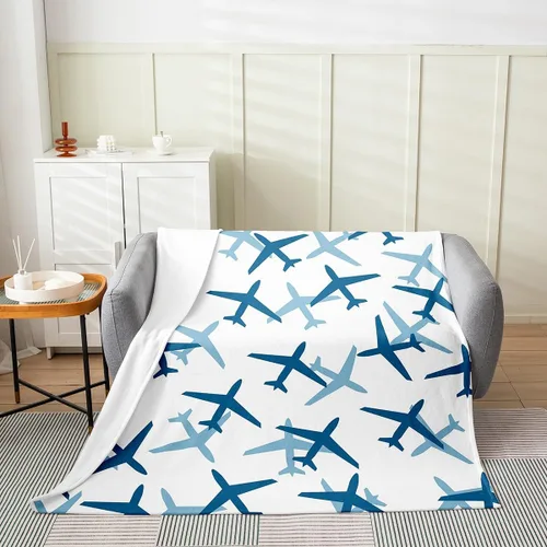 Vista 2 de Castle Fairy Manta de forro polar Sherpa con estampado de aviones para niños, manta de franela de dibujos animados para sofá, avión, azul y blanco