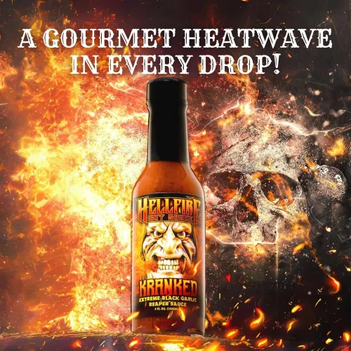 Vista 9 de Hellfire Hot Sauce Kranked - Salsa picante gourmet de ajo negro y Carolina Reaper, presentada en el programa de televisión Hot Ones, 5 onzas.