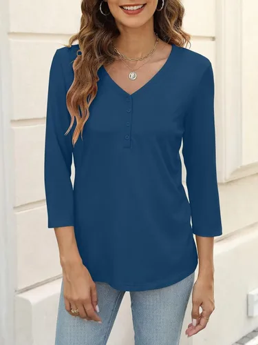 Vista 3 de Minetom Camisetas básicas de verano con cuello en V y manga 34 para mujer