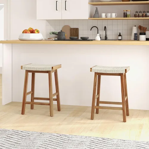Vista 2 de COSTWAY Juego de 2 taburetes de comedor de 25.5 pulgadas de altura de mostrador con asiento tejido de algas marinas, madera de goma, marco de madera