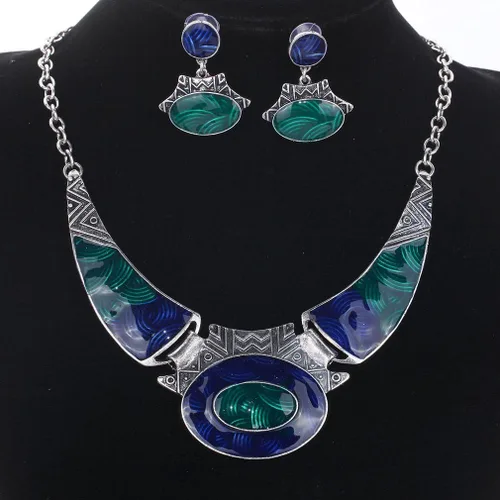 Vista 2 de YAZILIND Color étnico en relieve oval gangle, babero, collar, pendientes, collar, conjunto de joyas para mujeres