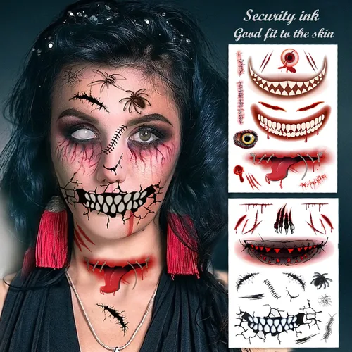 Vista 3 de Tatuajes temporales de gran tamaño, 10 hojas de tatuajes de cosplay de Halloween, tatuajes temporales realistas de boca grande, tatuaje de cicatriz