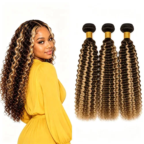 Vista 202 de P4613 Cabello humano rizado onda profunda marrón y paquetes mixtos 8 10 12 P4613 Ombre Marrón-Rubio-DP