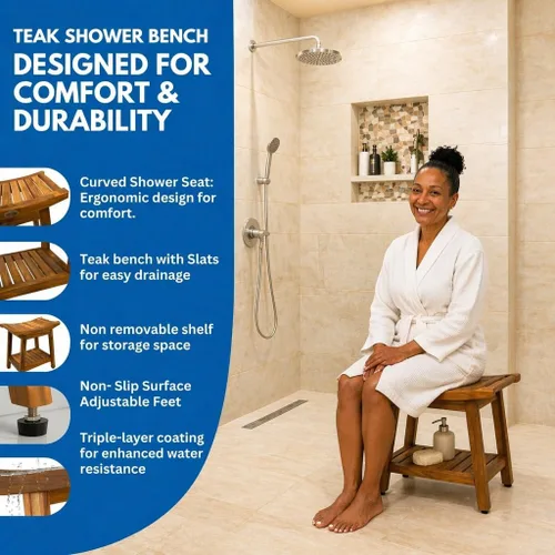 Vista 4 de EcoDecors Banco de teca para ducha de 18 pulgadas, banco de ducha de madera de teca impermeable, asiento de baño con estante, capacidad de 300