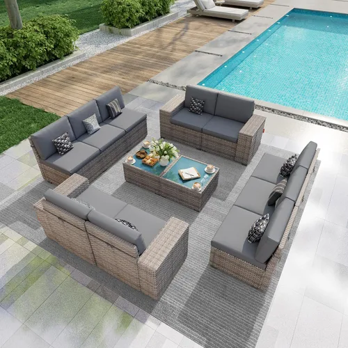 Vista 14 de Juego de muebles de patio de 6 piezas, sofá modular para exteriores con reposabrazos anchos, sofá de grupo de asientos de mimbre con mesa auxiliar