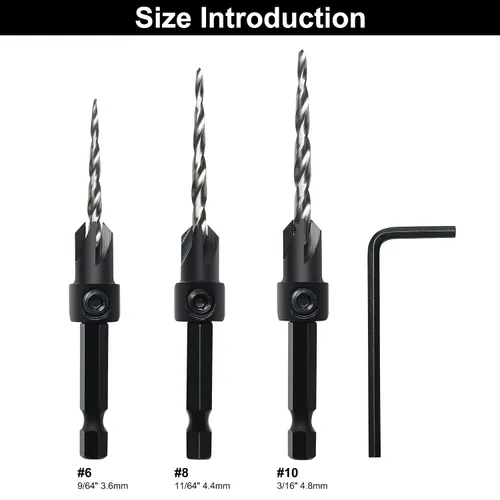 Vista 2 de Juego de Brocas Avellanadas GMTOOLS, 3 Piezas de Brocas Cónicas M2 HSS, con Vástago Hexagonal de 1/4" de Cambio Rápido y Llave Allen, Juego