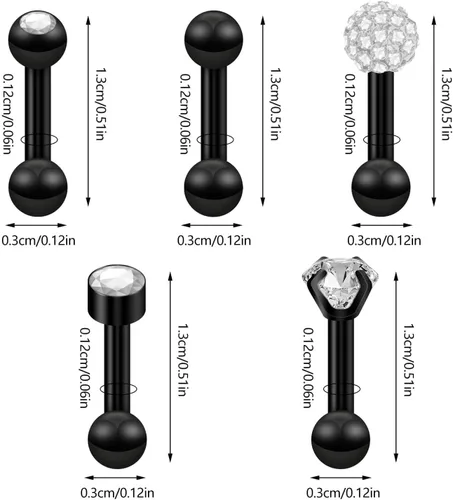 Vista 5 de Juego de 10 aretes de 0.56 oz, aretes de bola con cierre de tornillo, aretes de tuerca para cartílago de hélix, barra con incrustaciones de Negro