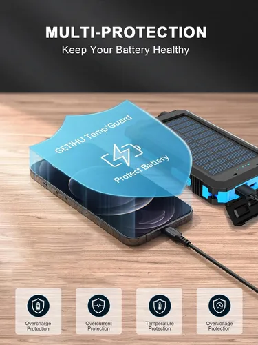 Vista 5 de Cargador solar, 38800 mAh, banco de energía solar, batería externa impermeable de respaldo con entrada/salida USB C/linternas LED compatible