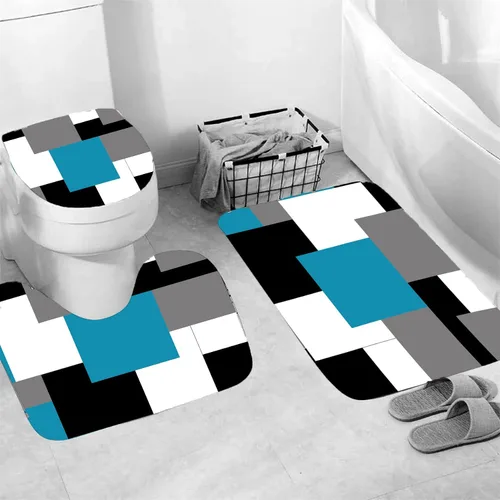Vista 2 de Yizheer - Juego de cortina de ducha de 4 piezas con diseño geométrico y de color azul, moderno, para el baño, con 12 ganchos, tapete para la bañera