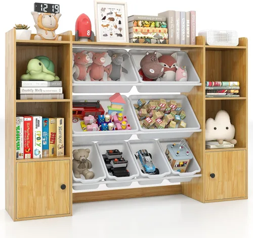 Vista 11 de Costzon Organizador de almacenamiento de juguetes para niños con 8 contenedores, estantería de madera para niños pequeños con estantes abiertos