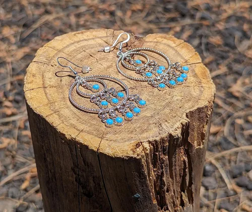 Vista 5 de Native American Sleeping Beauty Turquoise Wire Tiered Loop Dangle Earrings Navajo Handmade Jewelry Southwest