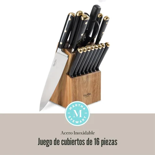 Vista 2 de Martha Stewart Juego de 16 cuchillos de cocina de acero inoxidable de alto carbono con mango forjado remachado triple de ABS, bloque de madera