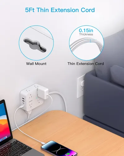 Vista 6 de Extensión de cable de 15 pies, tira de alimentación con 4 puertos USB (2 USB C), HANYCONY 8 protectores de sobretensión con salidas y enchufe plano