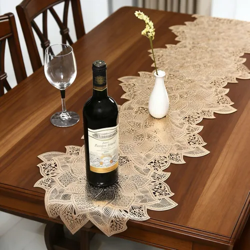 Vista 6 de FAVE Camino de mesa dorado de 36 pulgadas con forma de flor, camino de mesa corto lavable para bodas, banquetes, cumpleaños, fiestas, restaurantes