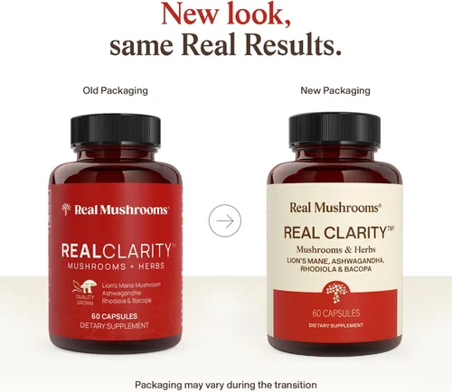 Vista 2 de Real Mushrooms RealClarity Cápsulas – Melena de León, KSM-66 Ashwagandha, Rhodiola y Bacopa – Agudeza mental, alerta y apoyo adaptogénico – Vegano