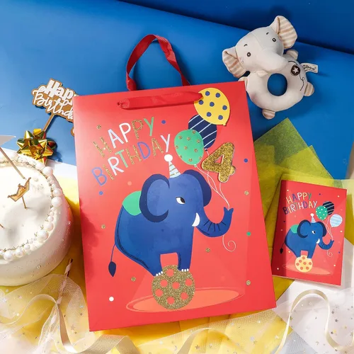 Vista 3 de Loveinside Bolsa de regalo de elefante de 4º cumpleaños con papel de seda, etiqueta de regalo y tarjeta de felicitación para niños, fiestas y más