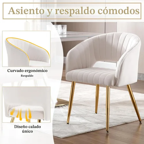 Vista 5 de ABET Juego de 2 sillas de comedor de terciopelo, rayas modernas con patas doradas, color beige