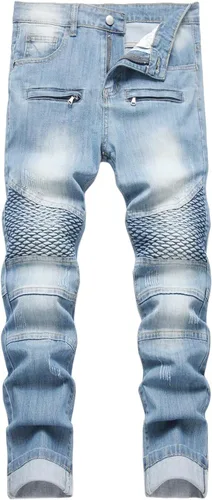 Vista 25 de Baylvn - Pantalones de mezclilla para hombre con diseño patchwork, ajustados y cómodos, estilo motociclista 3132 Camuflaje y azul