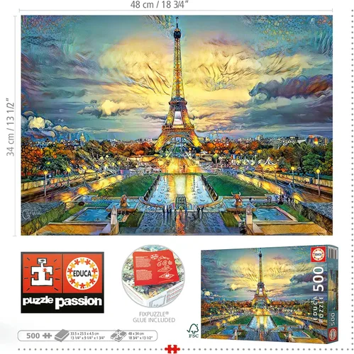 Vista 3 de Educa - Dream City Art - Torre Eiffel - Rompecabezas de 500 piezas - Pegamento para rompecabezas incluido - La imagen completa mide 18.9 x 13.4