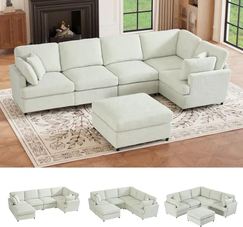 Vista 21 de Sofá seccional modular de 97 pulgadas con 5 asientos, sofá cómodo convertible en forma de L con almacenamiento en reposabrazos y dos almohadas