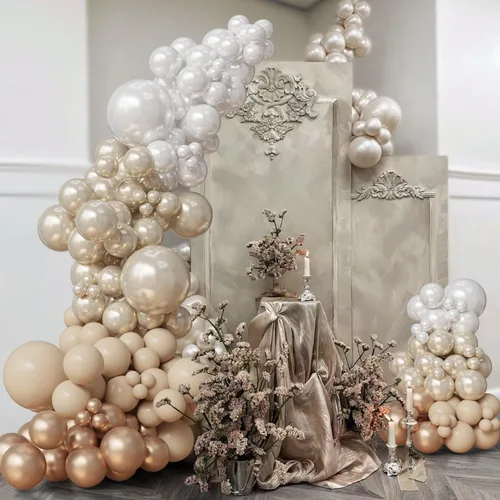Vista 4 de Arco de globos de doble relleno de color blanco perla, guirnalda de globos metálicos de champán, kit de arco de globos neutros, color nude, bobo
