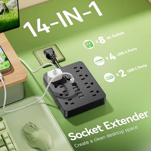 Vista 2 de Regleta de alimentación con protector de sobretensiones - Chiefway Enchufe de pared con múltiples tomas y 8 salidas de CA, 6 puertos USB (2 USB C)