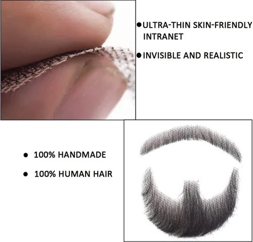 Vista 4 de Ailsa Bigote falso, barba realista, 100% cabello humano, cabello facial atado a mano, pelo facial negro de cabra, barbas falsas de encaje, bigote