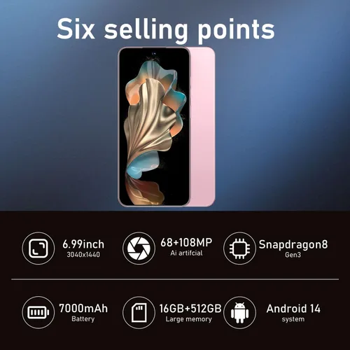 Vista 3 de VSQAOF Teléfono desbloqueado 16PROMA X, teléfono inteligente de 16+512 GB, Android 14.0, batería de larga duración 7000 mAh, pantalla de 6.99