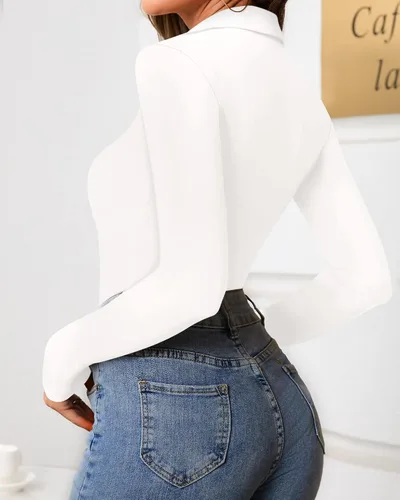 Vista 4 de MANGOPOP Collared V Neck Bodysuit Long Sleeve for Women Long Short Sleeve Body Suit Work Going Out Tops Shirts