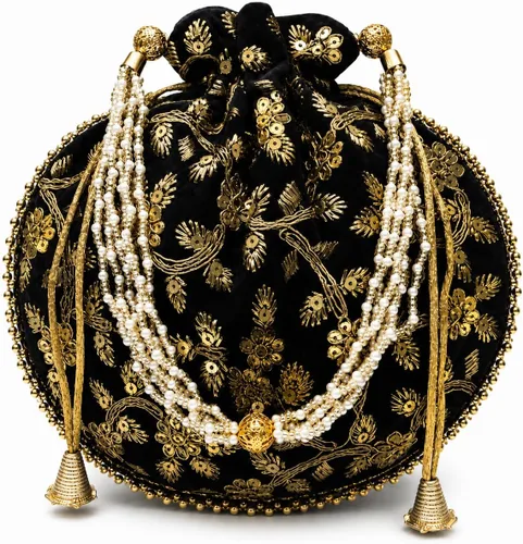 Vista 13 de Bolsa de terciopelo bordada para mujer, bolsa con cordón, regalo de boda dorado para mujer Negro