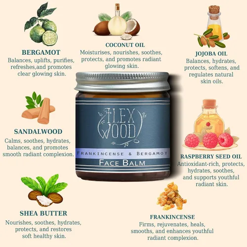 Vista 3 de The Ilex Wood - Bálsamo facial de incienso y bergamota - 100% natural, vegano, hidratante, antienvejecimiento, ingredientes reductores de arrugas