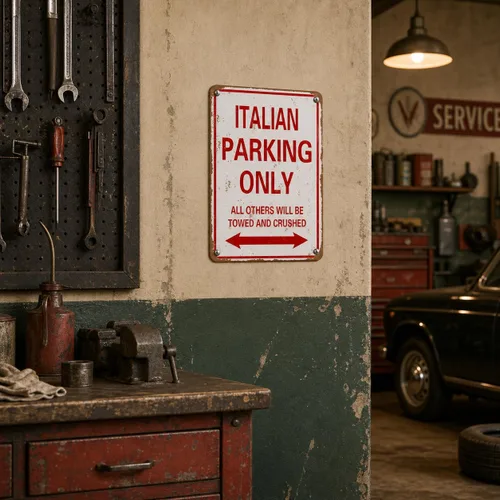 Vista 5 de Letrero de aluminio italiano con texto en inglés «Parking Only», divertida decoración de garaje de metal, 8 x 12 SUBURBAN PO3