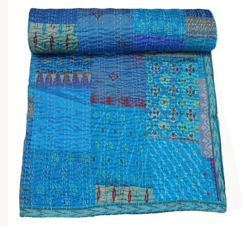 Vista 10 de Marubhumi Colcha india hecha a mano de seda india Sari Kantha acolchado patchwork (negro, individual (60 x 90 pulgadas)