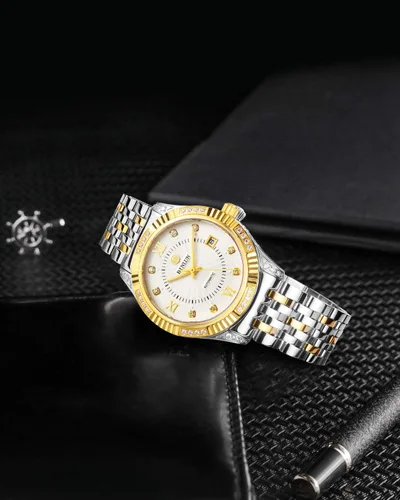 Vista 5 de BINLUN Reloj mecánico automático de oro para hombre, correa de cuerda automática respetuosa con la piel, chapado en oro de 18 quilates, relojes
