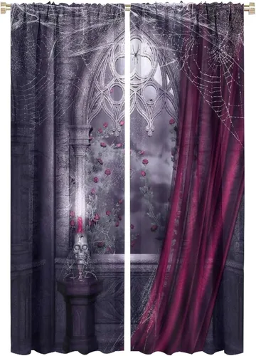 Vista 13 de Cortinas opacas góticas, diseño de calavera de terror de palacio retro, fondo de rosas rojas, sala de estar, dormitorio, cocina, cortinas de ventana